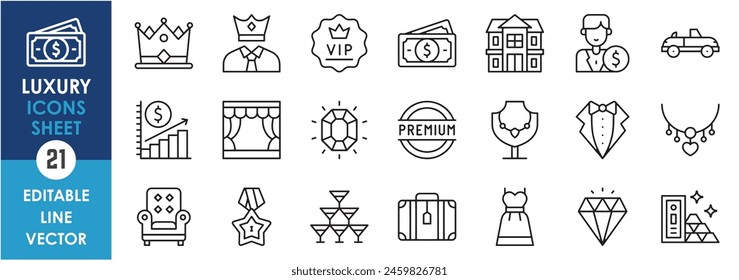 A set of line icons related to luxury. Outline icons of crown, money, mansion, profit, vip and so on.