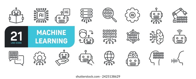 Conjunto de iconos de línea relacionados con el aprendizaje automático, inteligencia artificial, IA, tecnología. Colección de iconos de esquema. Ilustración vectorial.