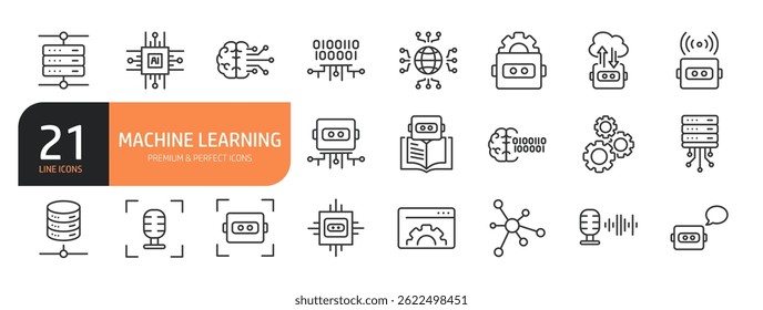 Set of line icons related to machine learning,  robot assistant and more. Outline icons collection. Editable 