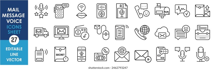 Un conjunto de iconos de línea relacionados con el correo, el mensaje y las voces. Conjunto de iconos de comunicación. Concepto de icono de esquema.