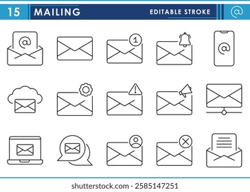 A set of line icons related to Mailing. Mail, post, notification, smartphone, cloud, warning, announce, and so on. Vector editable stroke.