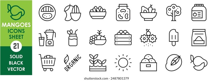 A set of line icons related to mangoes and their recipes. Mango, rice, pickles, ripe, salad, jar, jam, smoothie, juice, crush, market, popsicle, organic, summer and so on. Vector outline icons.