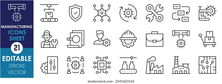 Conjunto de iconos de línea relacionados con la fabricación. Producto, industria, automatización, máquinas, eléctrico, pesado, producción, gerente, empleado, trabajo, etc. Vector de trazo editable.