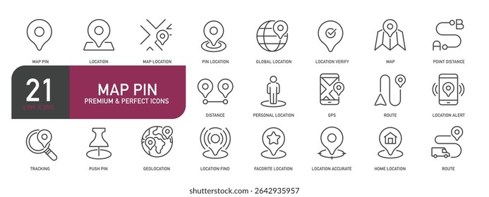 Set of line icons related to map pin, location, GPS. Outline icons collection. Vector illustration
