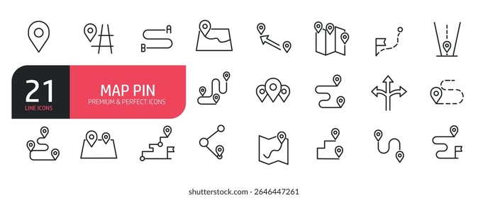 Set of line icons related to map pin, location, GPS. Outline icons collection. Vector illustration