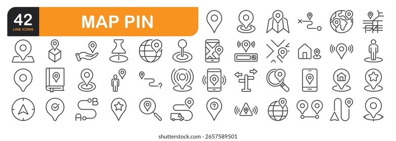Satz von Liniensymbolen, die sich auf Kartenpin, gps, Ziel, Richtungen, Navigation, Adresse und mehr beziehen. Kollektion von Gliederungssymbolen. Vektorgrafik.