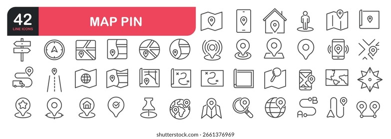 Set of line icons related to map pin, location, GPS. Outline icons collection. Vector illustration