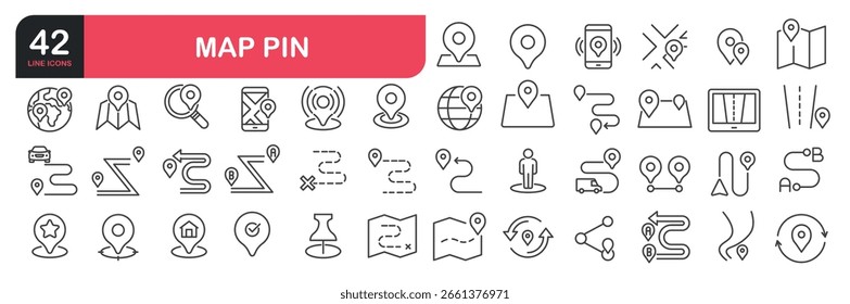 Conjunto de iconos de línea relacionados con el mapa, pin, ubicación, GPS. Colección de iconos de contorno. Ilustración vectorial