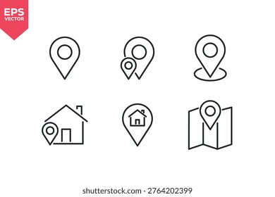 Set of line icons related to map, location, GPS, navigation. Vector illustration