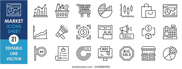 A set of line icons related to market. Market, business, profit, loss, stock, digital, money, analysis and so on. Vector outline icons set.