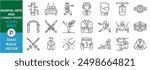 A set of line icons related to Martial Arts and Combat Sports. Karate, taekwondo, judo, belt, cloth, boxing, wrestling, kung fu and so on. Vector outline icons set.