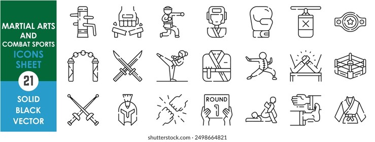 A set of line icons related to Martial Arts and Combat Sports. Karate, taekwondo, judo, belt, cloth, boxing, wrestling, kung fu and so on. Vector outline icons set.