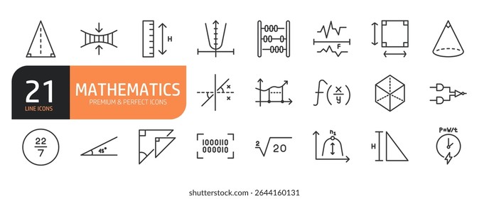Conjunto de ícones de linha relacionados a fórmulas matemáticas e muito mais. Coleção de ícones de tópicos. Ilustração vetorial.