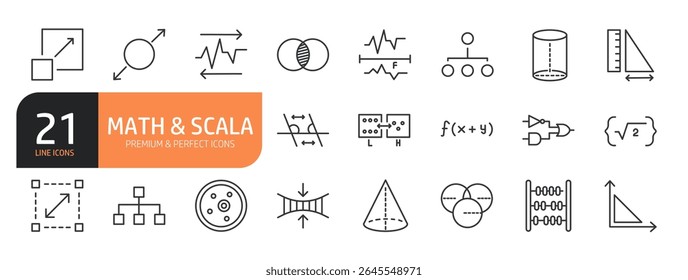 Conjunto de ícones de linha relacionados a fórmulas matemáticas, redimensionamento escalonável, capacidade, adaptabilidade, expansão e muito mais. Coleção de ícones de tópicos. Ilustração vetorial.