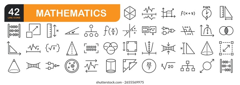 Set of line icons related to mathematical formulas, scalable resize, capacity, adaptability, expansion and more. Outline icons collection. Vector illustration.