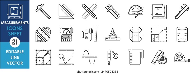 Conjunto de iconos de línea relacionados con las herramientas de medida. Medida, área, volumen, longitud, geometría, forma, escala, recuento, etc. Conjunto de iconos de contorno de Vector.