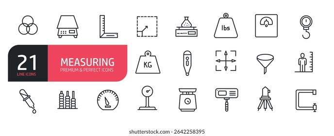 Set of line icons related to measuring, scales, weight, millimeter, . Outline icons collection. Vector illustration.