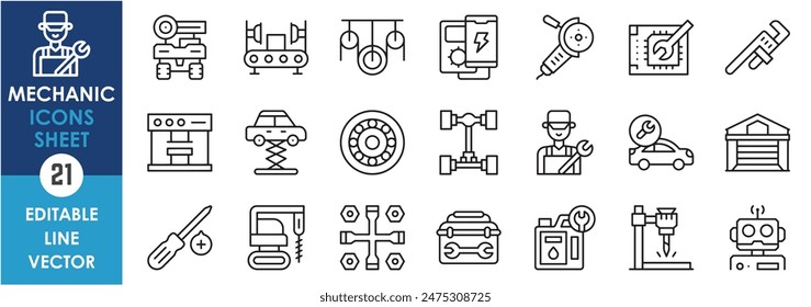 Conjunto de iconos de línea relacionados con la mecánica. Mecánico, reparación, robot, automático, coche, plomero, garaje, herramientas, equipo y así sucesivamente. Conjunto de iconos de contorno de Vector.