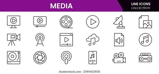 Set of line icons related to media, social networks, public media, journalism, communication, and networking. Outline icon collection. Vector illustration