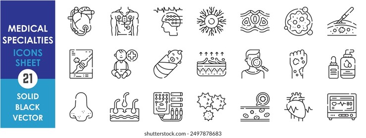 A set of line icons related to Medical Specialties. Cardiology, Neurology, Oncology, Pediatrics, Dermatology, heart, baby, cure, skin, brain and so on. Vector outline icons set.