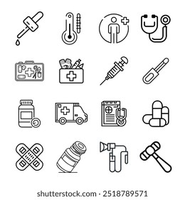 A set of line icons related to medical, healthcare instrument. Eps vector outline icons set.