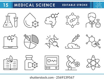 A set of line icons related to Medical Science. Chemistry, research, brain, medicine, technology, researcher, statistics, vaccine, and so on. Vector editable stroke.