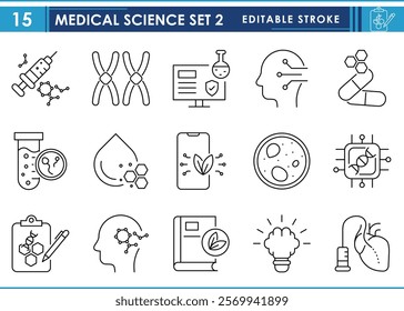 A set of line icons related to Medical Science. Syringe, gene, lab, digital health, medicine, test-tube, brain, and so on. Vector editable stroke.