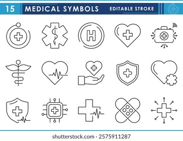 A set of line icons related to Medical Symbols. Medical, pharmacy, heart, clinic, digital, plus, cross, symbolic, and so on. Vector editable stroke.