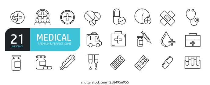 Set of line icons related to medical, healthcare, hospital. Outline icons collection. Vector illustration.