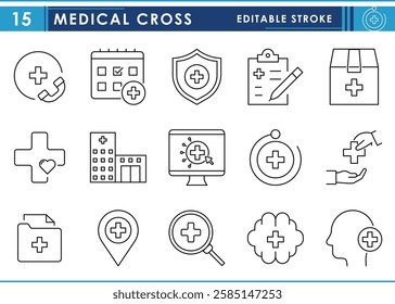 A set of line icons related to Medical Cross Symbols. Document, hospital, call, package, health equipment, tech, and so on. Vector editable stroke.