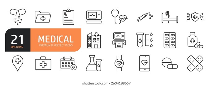 Set of line icons related to medical, vaccine, stethoscope, x-ray and more. Outline icons collection. Vector illustration.