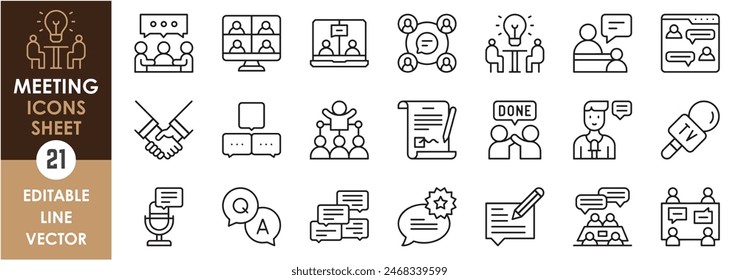 A set of line icons related to Meeting. Meeting, agreement, decision, idea, talk, professional, chat, interview and so on. Vector outline icons set.