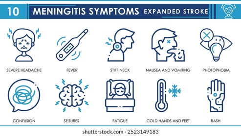 Um conjunto de ícones de linha relacionados aos sintomas da meningite. Doença, dor de cabeça, febre, dor no pescoço, fotofobia, erupção cutânea e assim por diante. Definição de ícones de contorno de vetor.