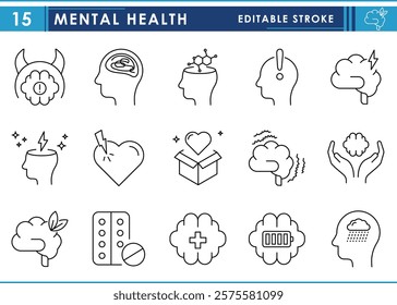 A set of line icons related to Mental health. Mind, thinking, brain, health, state, operative, medicine, and so on. Vector editable stroke.