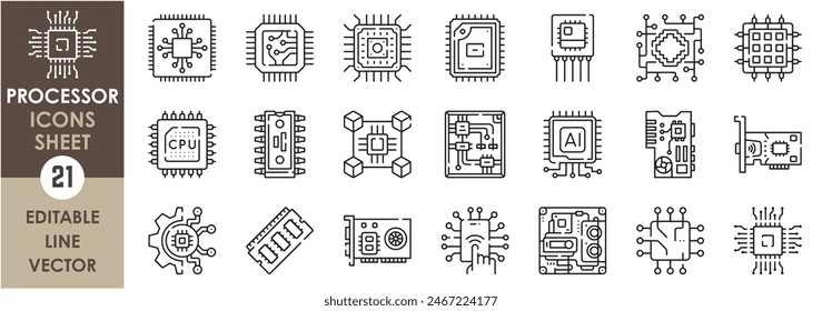 A set of line icons related to microprocessors. CPU, processors, memory, motherboard, video, cooling, multi processing system and so on. Vector outline icons set.