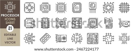 A set of line icons related to microprocessors. CPU, processors, memory, motherboard, video, cooling, multi processing system and so on. Vector outline icons set.