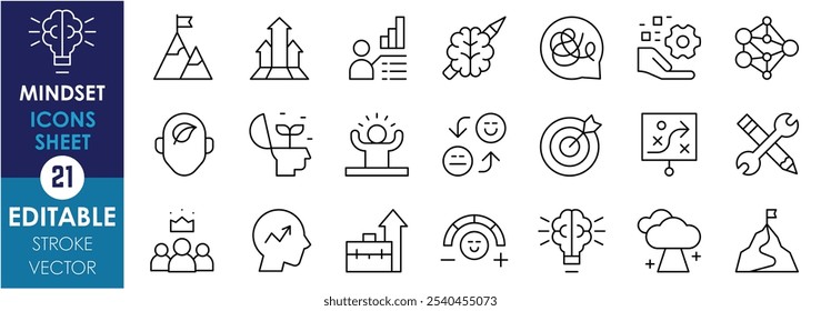 Um conjunto de ícones de linha relacionados à Mindset. Meta, luta, crescimento, desenvolvimento, psicologia, acreditar, estratégia, habilidade, emoções, etc. Traçado editável de vetor.