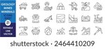 A set of line icons related to mines, minerals, and geology. Mines, minerals, earth, miner, vehicles, processing and so on. Vector mine outline icons.