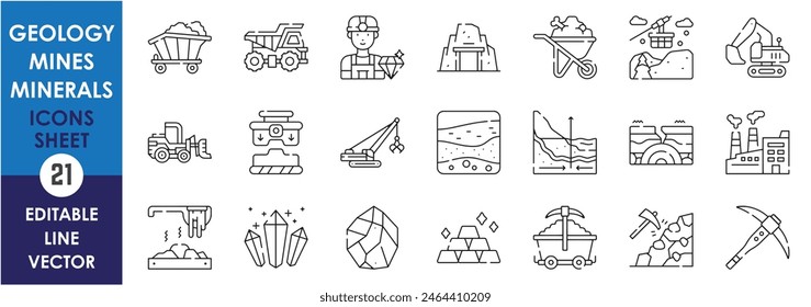 Conjunto de iconos de línea relacionados con minas, minerales y geología. Minas, minerales, tierra, minero, vehículos, procesamiento, etc. Iconos de contorno de mina de Vector.