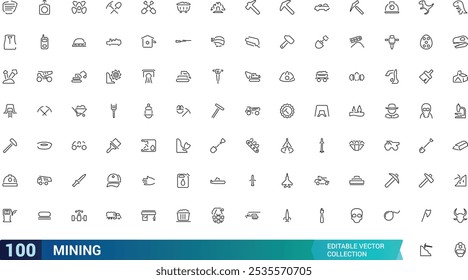 Set of line icons related to mining, coal, industry. Editable stroke icon collection, Pixel perfect outline icons pack, vector illustration.