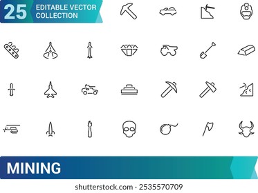 Set of line icons related to mining, coal, industry. Editable stroke icon collection, Pixel perfect outline icons pack, vector illustration.
