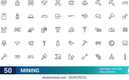 Eine Reihe von Liniensymbolen, die mit Bergbau, Kohle und Industrie zusammenhängen. Bearbeitbare Strich-Icon-Sammlung, Pixel perfekte Kontur-Icons Pack, Vektorgrafik.