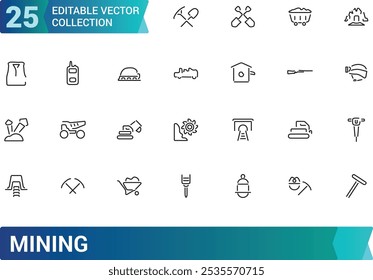 Set of line icons related to mining, coal, industry. Editable stroke icon collection, Pixel perfect outline icons pack, vector illustration.