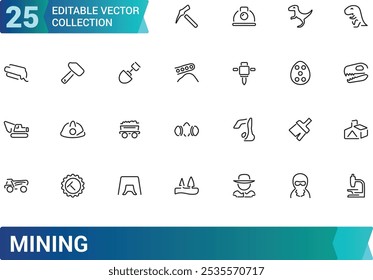 Conjunto de iconos de línea relacionados con la minería, el carbón, la industria. Colección de iconos de trazo editable, paquete de iconos de contorno perfecto de píxeles, Ilustración vectorial.