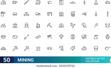 Set of line icons related to mining, coal, industry. Editable stroke icon collection, Pixel perfect outline icons pack, vector illustration.