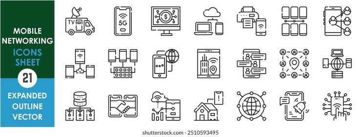 Eine Reihe von Zeilensymbolen, die sich auf Mobile Networking beziehen. Netzwerk, gemeinsame Nutzung, Kommunikation, Backup, Wiederherstellung, Smart, Chat, Geräteverknüpfung, Verbindung usw. Symbolsatz für Vektorkonturen.