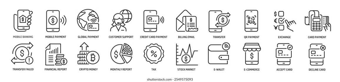 Conjunto de ícones de linha relacionados a serviços bancários móveis, pagamento, moeda eletrônica, sem dinheiro. Coleção de ícones de tópicos. Ilustração vetorial.
