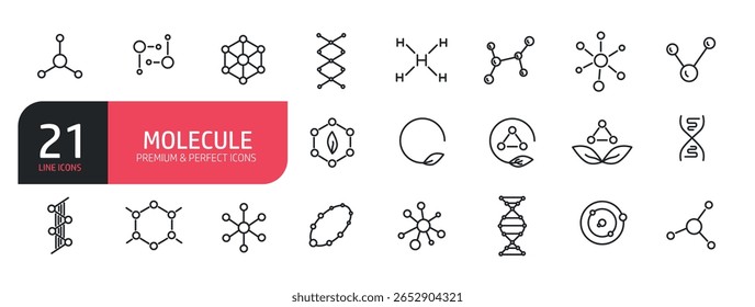 Set of line icons related to molecule structure, atom, scientific research, electron orbit, DNA chain, elements. Outline icons collection. Vector illustration