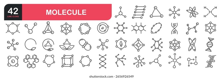 Set of line icons related to molecule structure, atom, scientific research, electron orbit, DNA chain, elements. Outline icons collection. Vector illustration