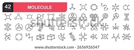 Set of line icons related to molecule structure, atom, scientific research, electron orbit, DNA chain, elements. Outline icons collection. Vector illustration